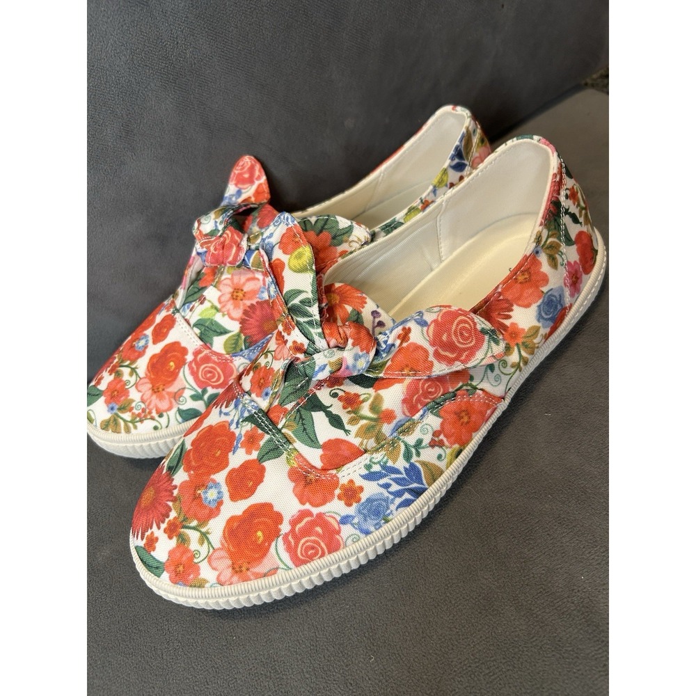 Comfortview Women's 11W Floral Canvas Slip On Sneakers Bow Multicolor Shoes